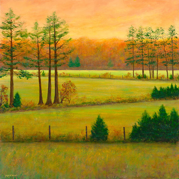 Sunset painting of southern landscape with pine trees